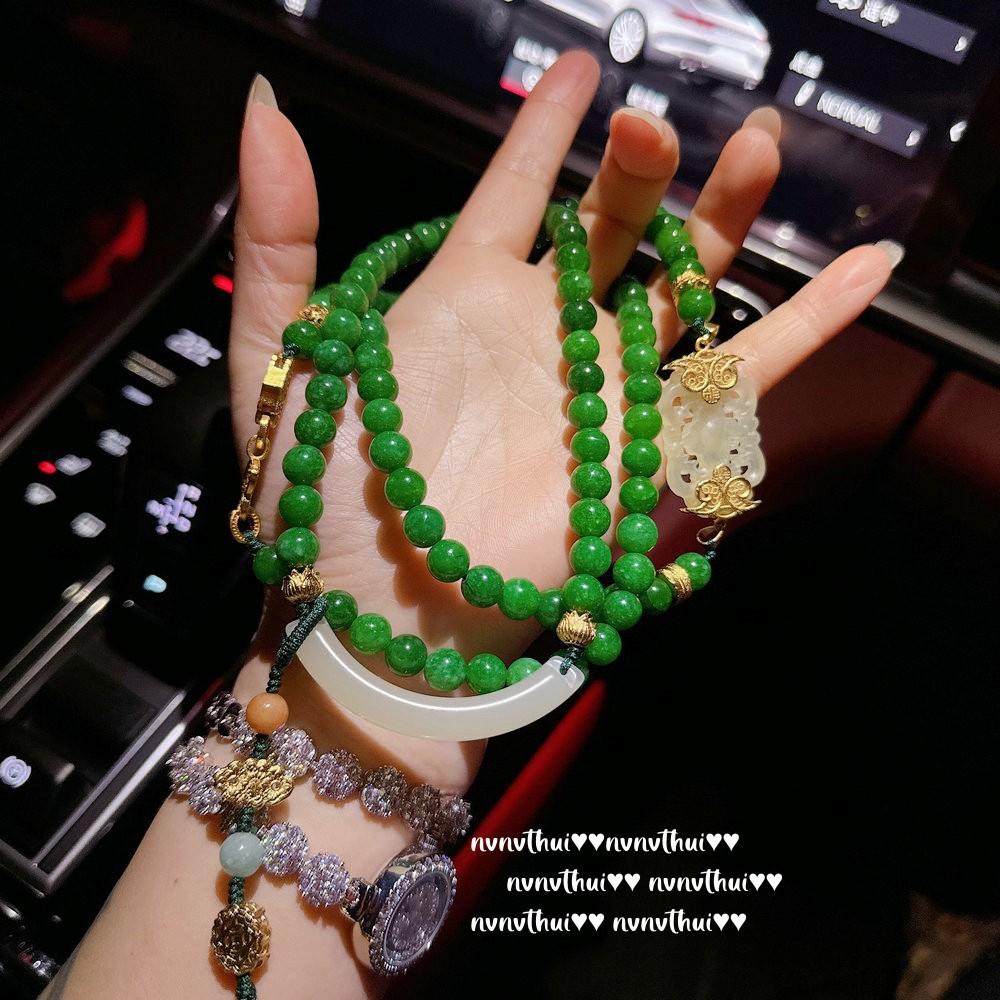 Myanmar Green Jade Tourmaline Crescent Safety Lock Sweater Chain, Rich Family Daughter Gold, Plated With 18K Gold, Spinach Green Chalcedony Necklace.