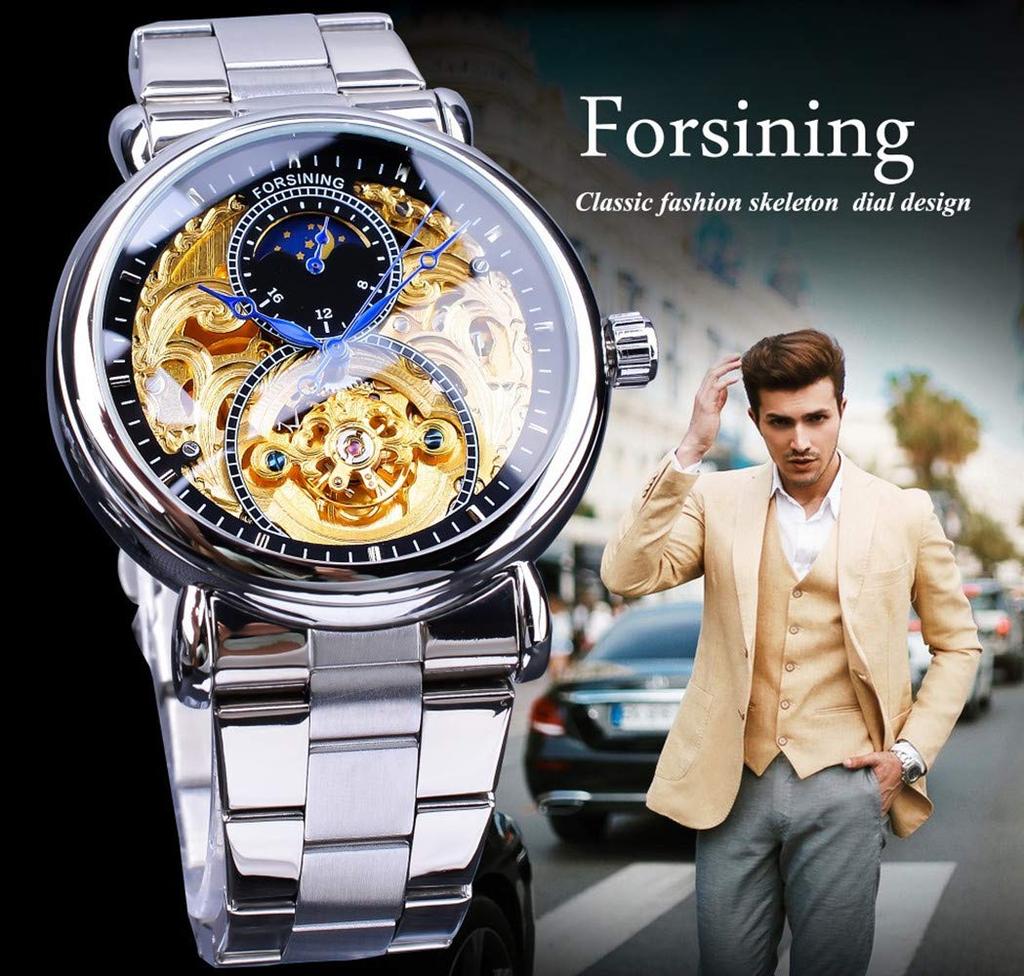 FORTINING Herren Automatische Analoguhr, Mode Skelett Tourbillon, Wasserdicht Mondphase Leder Mechanische Uhr (Silber & Schwarz & Stahlstreifen)