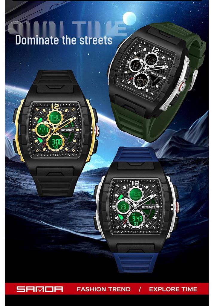 Sanda Men's Sports Barrel-Shaped Luminous Countdown Watch with Triple Time Zone and Dual Display, Waterproof Design.