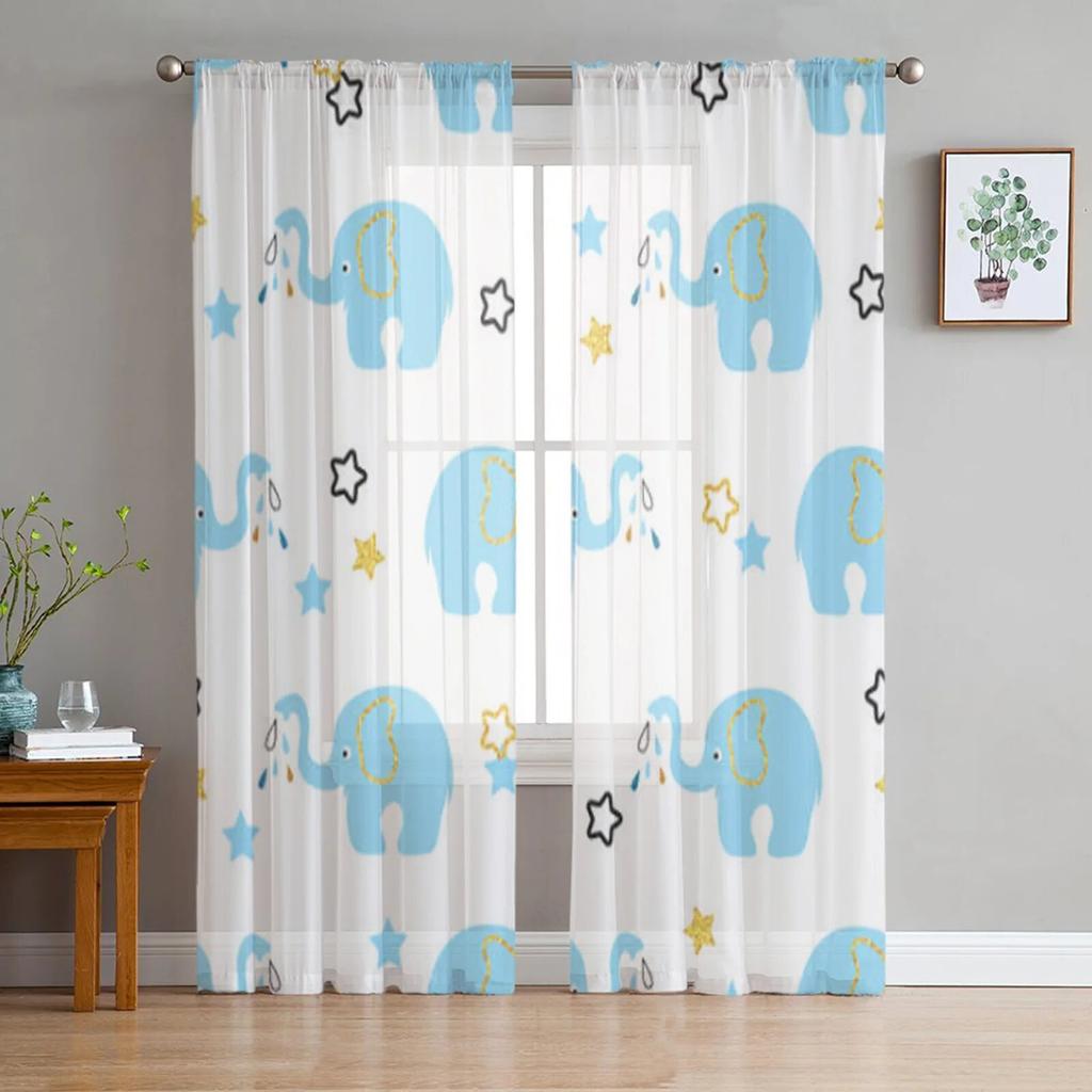 Elephant Mom And Baby Tulle Sheer Curtains For Kitchen Window Living Room Modern Voile Curtain Bedroom Drapes