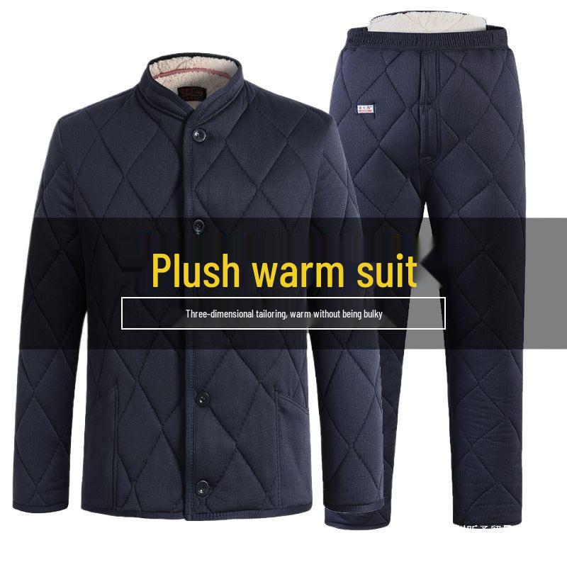 Men's Winter Cotton Jacket and Pants Set with Plus Velvet Lambswool - Warm Thickened Grandpa Style