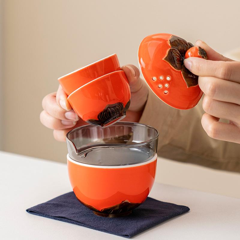 Persimmon Travel Kung Fu Tea Set Ruyi Kuaike Cup Single Portable Outdoor Ceramic Business Companion Gift
