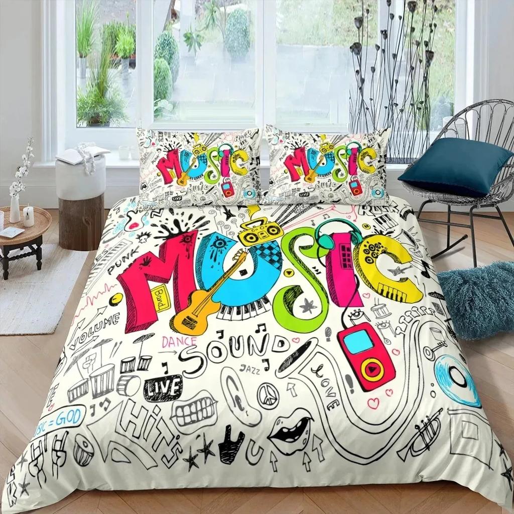 Rock Music King Queen Duvet Cover Electric Guitar Punk Style Bedding Set Youth Fashion Hip Hop Polyester Comforter Cover
