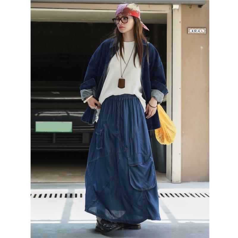 Johnature Japanese Large Pocket Skirt Summer Japanese Casual Elastic Waist Loose Women Skirts