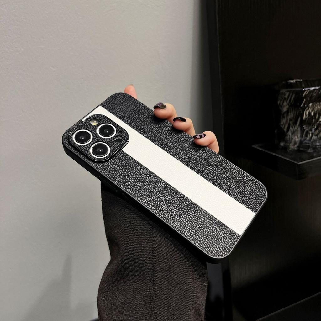Applicable To Apple 15promax Color-blocking Lambskin Mobile Phone Case IPhone 14 Creative Leather 13 Protection Case