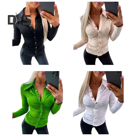 Elegant Women Solid Color Shirt Lapel Long Sleeve Office Tops Pleated Single Breasted Blouse Workwear