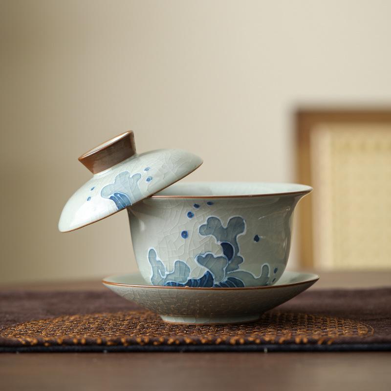 Stacking Carving Ge Kiln Hand-Painted Distant Mountain Cover Bowl Hovering Retro Three Talents Cover Bowl Teacup Is Not Hot, Kung Fu Tea Bowl Tea Cup