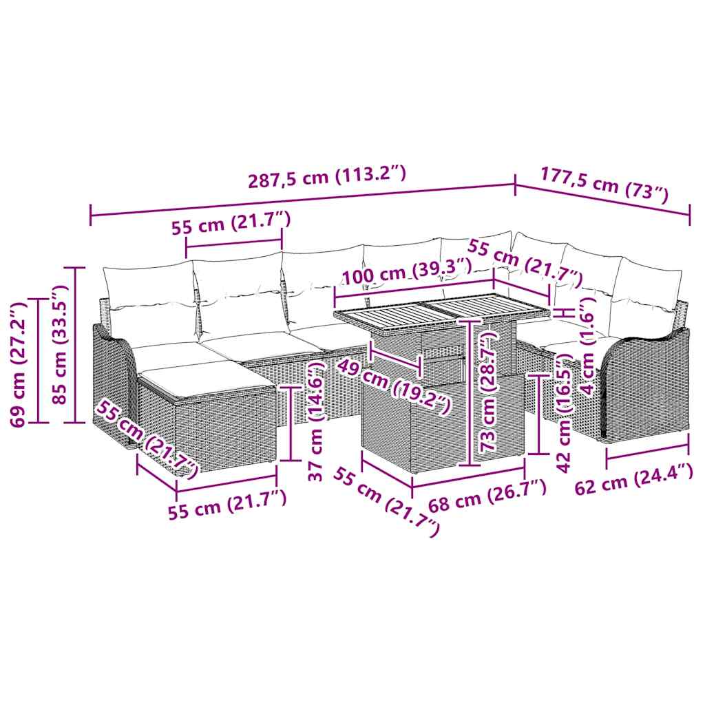 Garden Sofa Set with Storage 9 Pcs Grey Poly Rattan