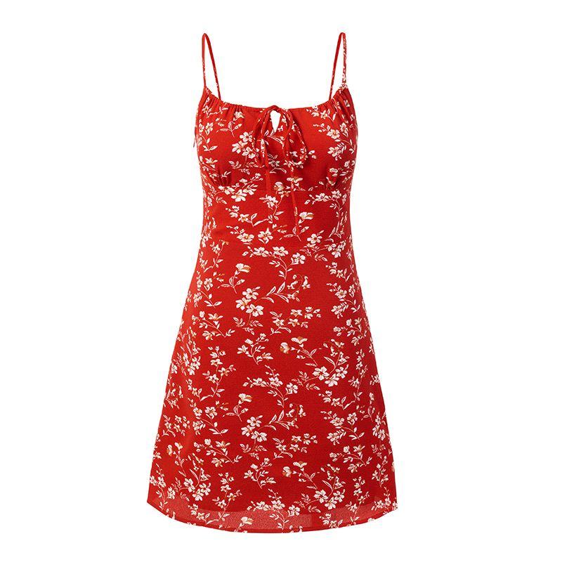 

Phuket Girl Sang Zhi Same Style French style Sweet and Spicy Small Floral Sling Dress Sexy Temperament Vacation Short dress Red skirt L