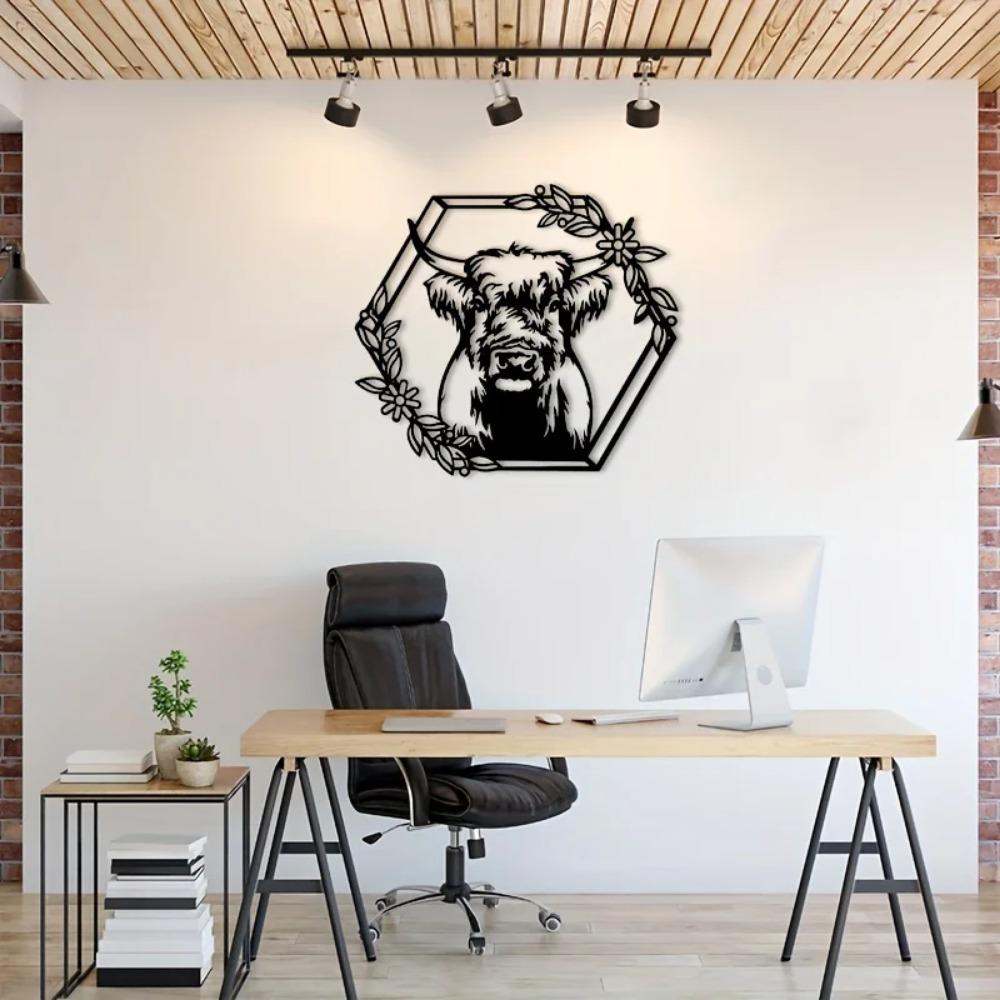 Cow Flower Metal Wall Art – Matte Black Silhouette, Elegant Iron Art for Home Decor, Stylish Wall Hanging & Decoration