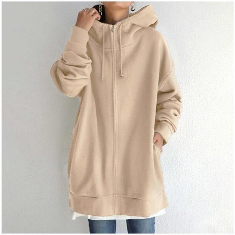 2025 Autumn Winter Women's Oversized Zip Hoodie, Stand Collar Plush Lined Long Hooded Coat for Streetwear