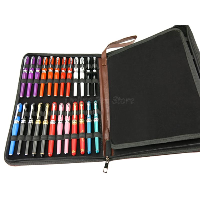 Professional Brown 48 Pens Leather Pen Holder & Pouch Fountain Pen Rollerball Pen Bag Pencil Case Stationery Writing Tool Gift