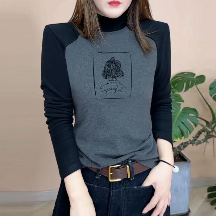 

Женский теплый топ из двухстороннего флиса: Цветовой блок, Приталенный, Полувысокий воротник, Свитер с длинным рукавом. Идеально для осени/зимы. 3XL темно-серого