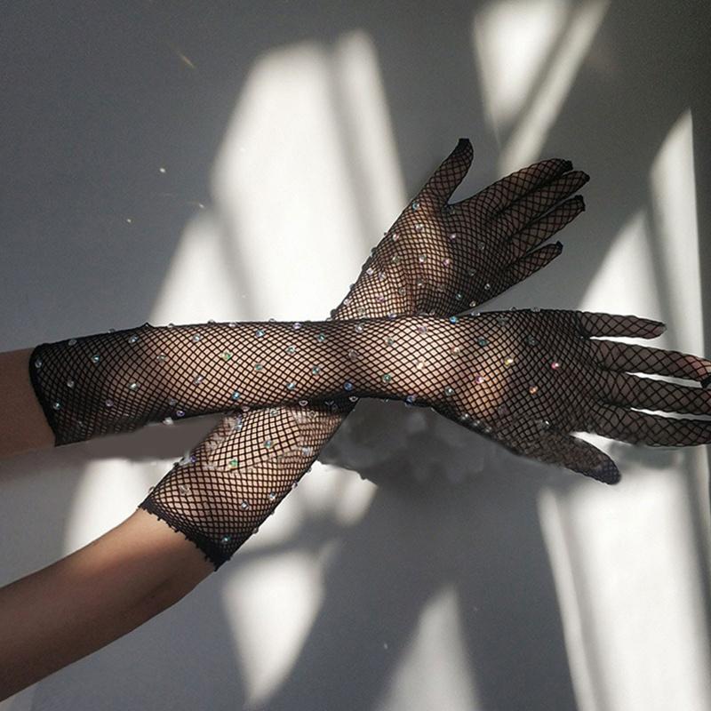 Women'S Fashionable Hot Diamond Sparkling Mesh Fishing Net Elastic Gloves