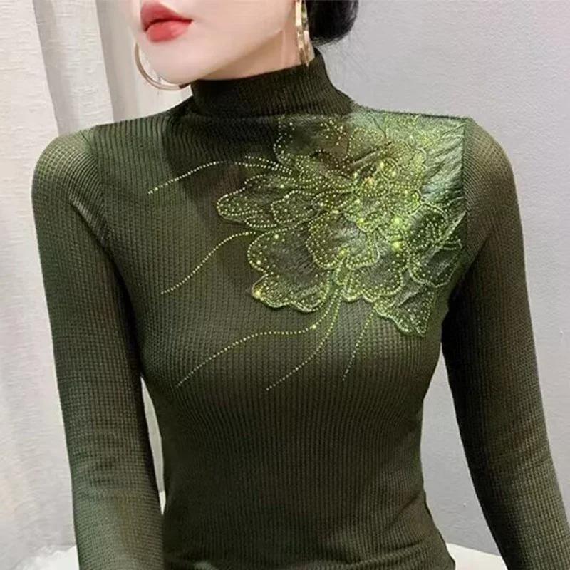 Fashionable Turtleneck BottomingWomen Hollow Hot-drilled Long-sleeved T-shirt Tight-fitting Inner Top