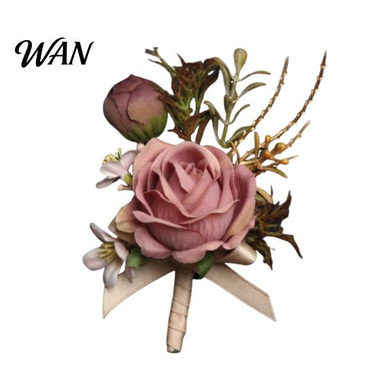 Exquisite Rose Pin Bud Wedding Flower Set, Wrist Corsage for Bride Bridesmaid Durable & Boutonniere Groom Groomsman, Artificial Silk Floral