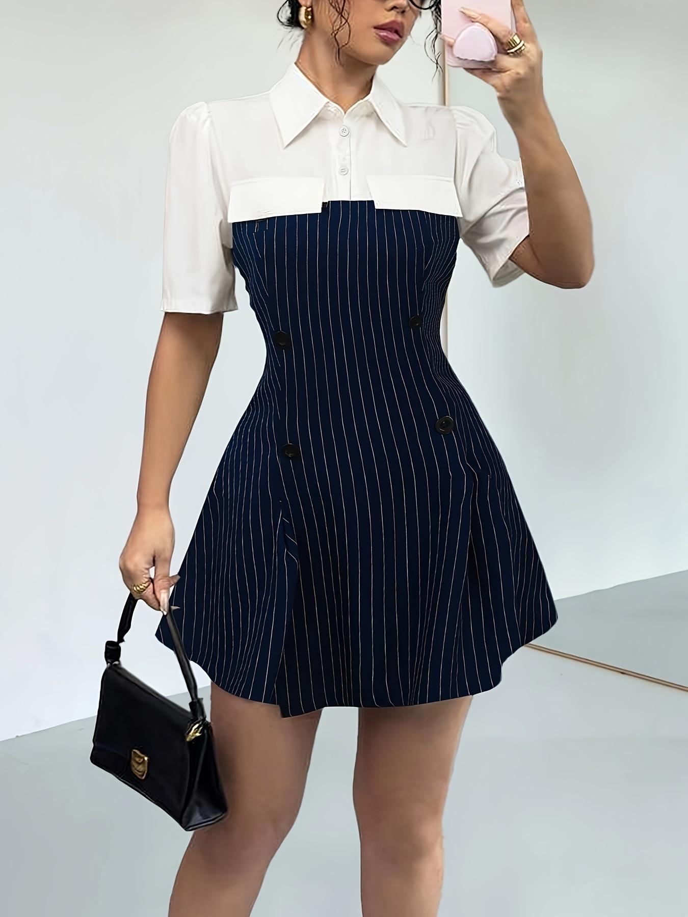 

2026 Spring/Summer Striped Patchwork Waist-Cinched A-Line Shirt Dress for Women - European & American Style Large темно-синий