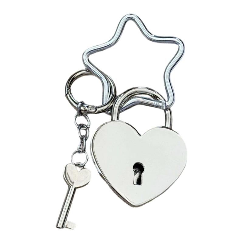 Stylish Metal Heart Lock Purse Pendant with Star Detail Fashion Bag Charm Key Holder For Backpack Or Keys серебряный