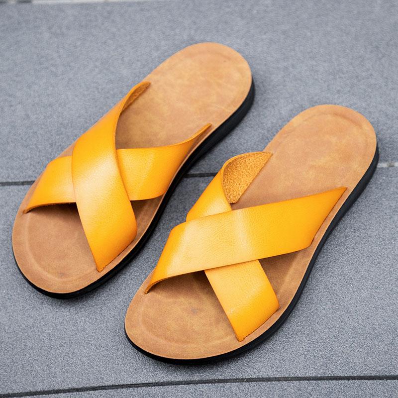 Fashion New Arrivals Italian Leather Slippers for Men Summer Hotel Beach High Quality Slip on Light Flats Male Flip Flops Big Size 38-47