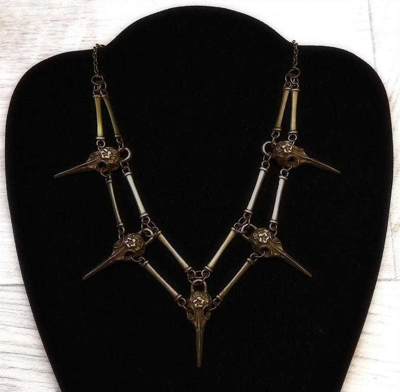 Gothic Bird Skull Necklace With Cross Chain For Women In Antique Style