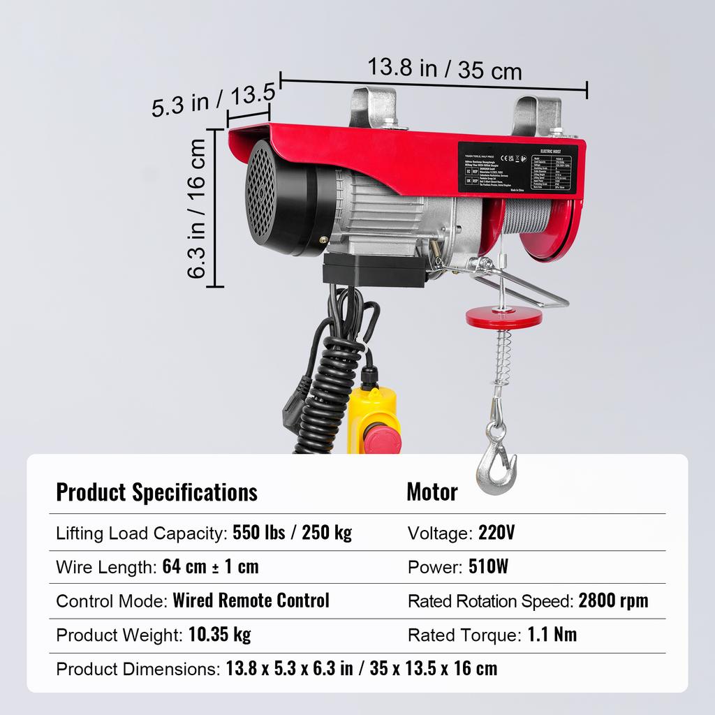 SucceBuy 550-2200 Lbs Wired Electric Hoist Steel Wire Winch with 40ft Single Cable Lifting Height for Garage Warehouse Factory