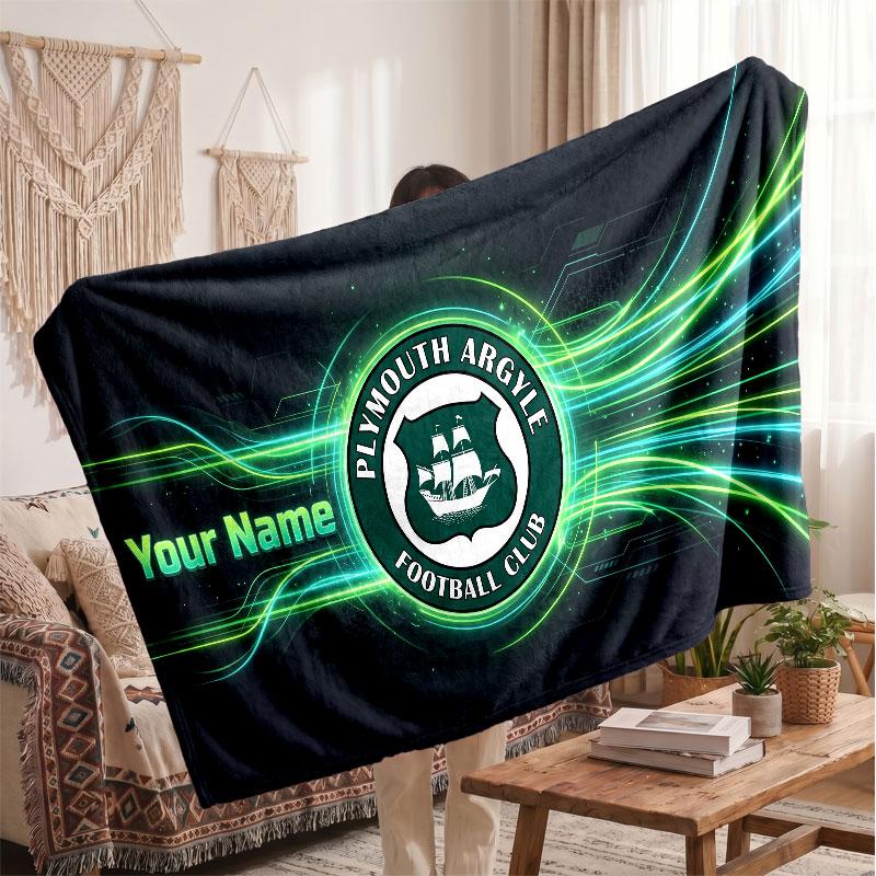 Plymouth Argyle FC Personalized Fleece Blanket With Football Logo, Custom Name Text Soft Warm Home Throw Blanket