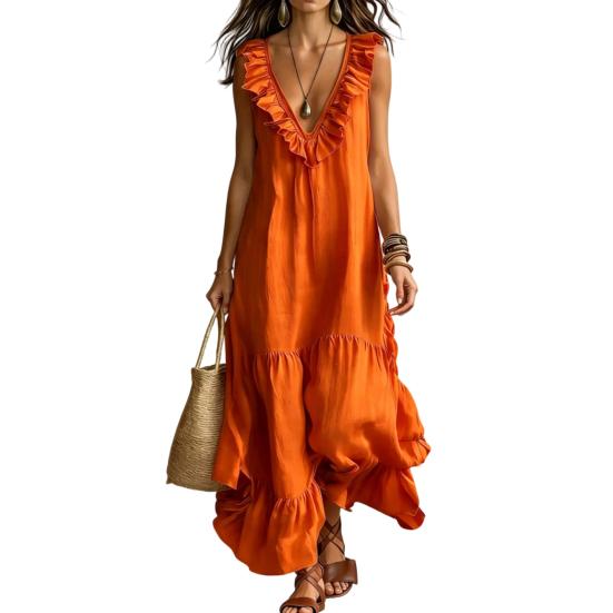Women s Deep V Neck Ruffle Trim Maxi Dress Sleeveless Loose Flowy Beach Sundress S