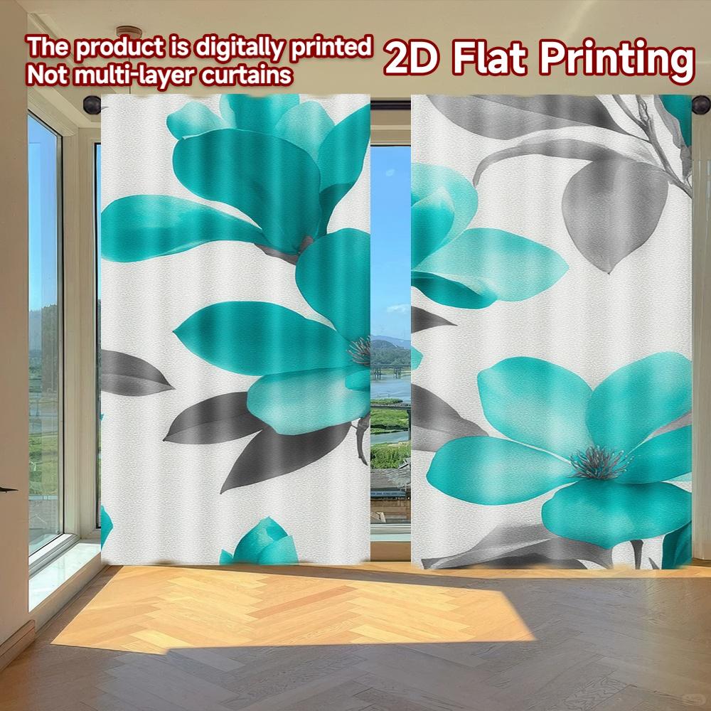 

Flat Printing Curtains Without Rod Floral Elegance Blue Easter Holiday Fabric Curtain Set Of 2 Made Polyester Washable W100*H70(CM)-Rod Pocket&2PCS