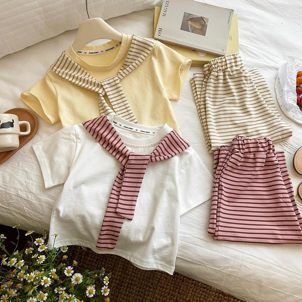 Korean Style Baby Girl Striped Shawl & Wide Leg Pants Set - Breathable, Skin-Friendly, Fashionable