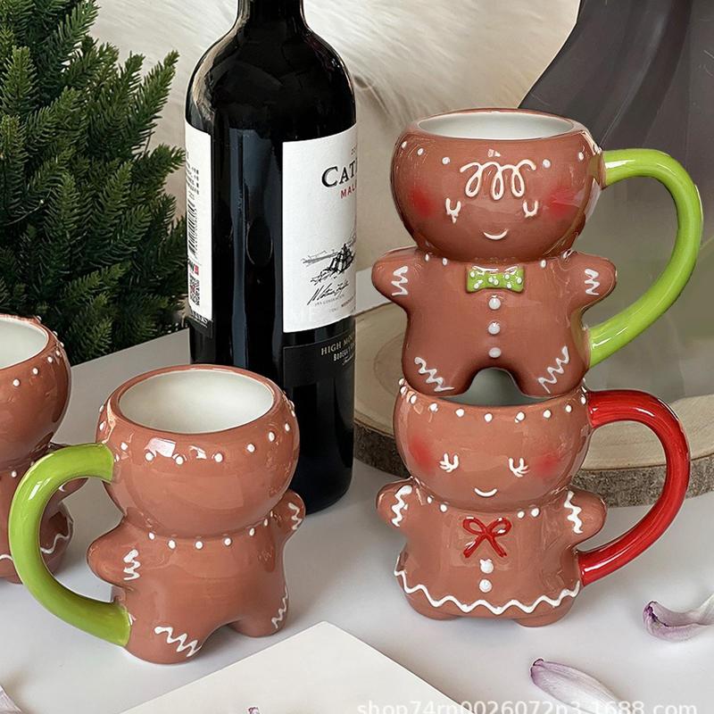 Cute Gingerbread Man Mug Cartoon Cute Kawaii Christmas Mug 3D Gingerbread Man Ceramic Cup Milk Coffee Water Cup Mug Gift