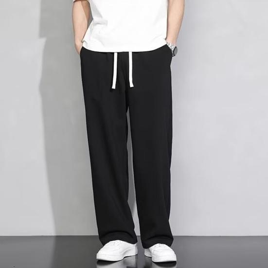Men Cargo Pants Drawstring Elastic Waist Solid Color Thin Pockets Loose Straight Wide Leg Sport Trousers Daily Wear Casual Pants