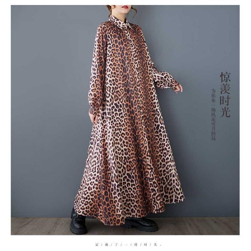 Loose Literary Big Size Fashion Leopard Print Mid-length Temperament Casual Dresses