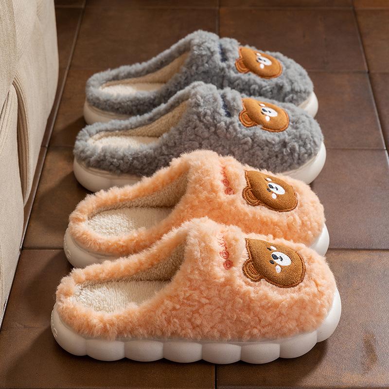 Home cotton slippers couple thick bottom non-slip warm cartoon bear design new home fluff mop