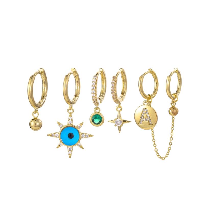 

ANENJERY, 6 шт., круглые брендовые серьги с цирконами и глазами в виде букв, цепочка с двойным пирсингом, наборы для женщин, изящные обручи
