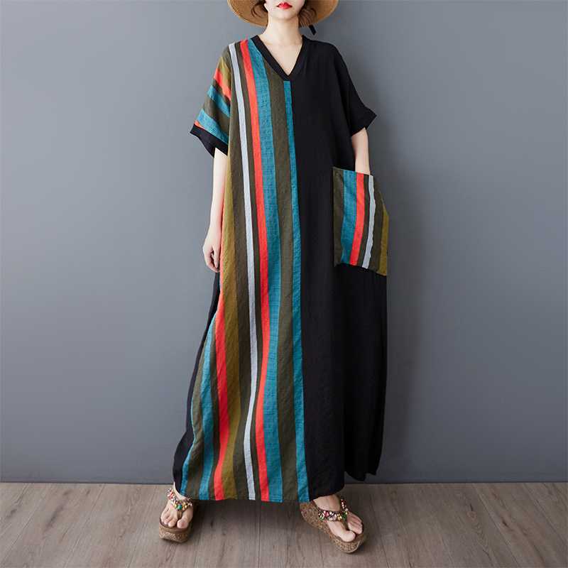 

Женское полосатое лоскутное черное длинное платье в стиле ретро One size чёрный