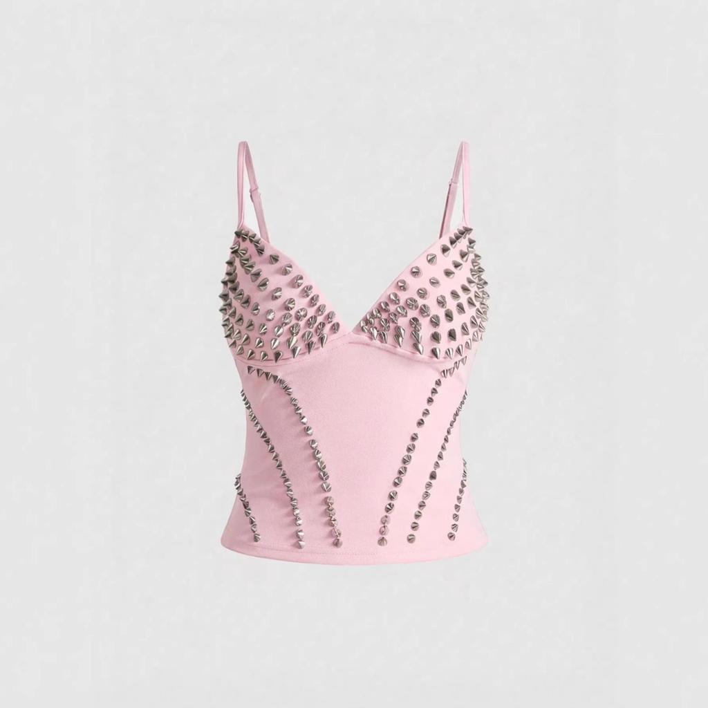 Y2K Fashion Trend Pink & Silver Rivet Camisole - Waist-Cinching Cropped Vest