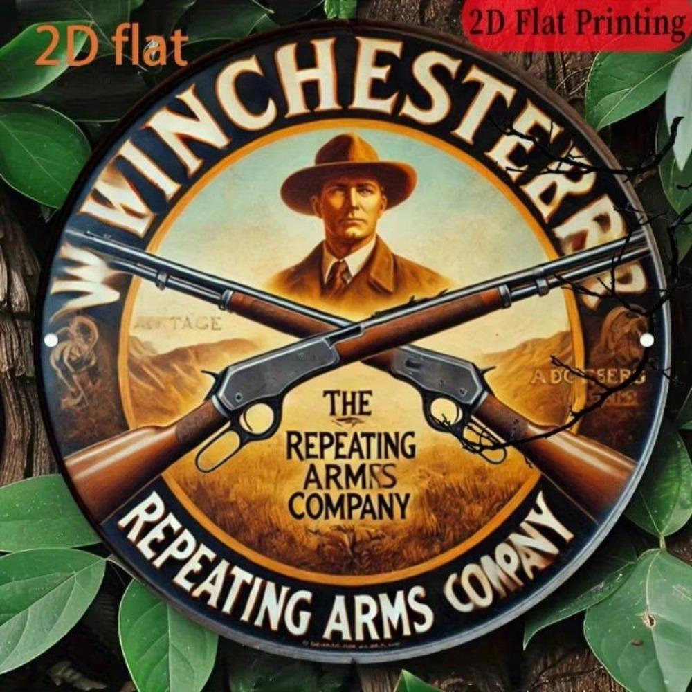 Winchester Repeating Arms Vintage 2D Aluminum Plaque Round Metal Sign Western Bar Home Shotgun Decor 8x8 Inch