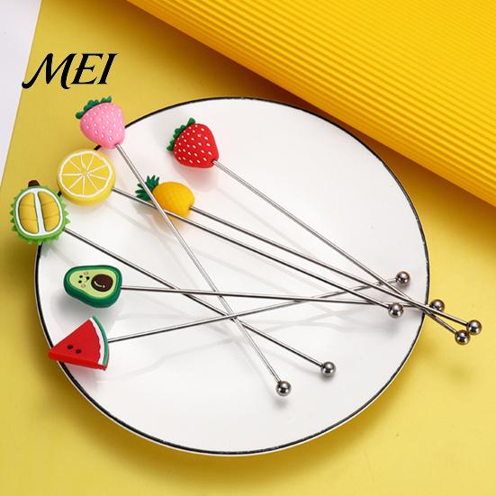 Coffee Stir Stick Cocktail Stick, Stainless Steel Mixing with Durian Pineapple Strawberry Durable Drink Mixer Watermelon Rubber Top Decor, Stirrer for