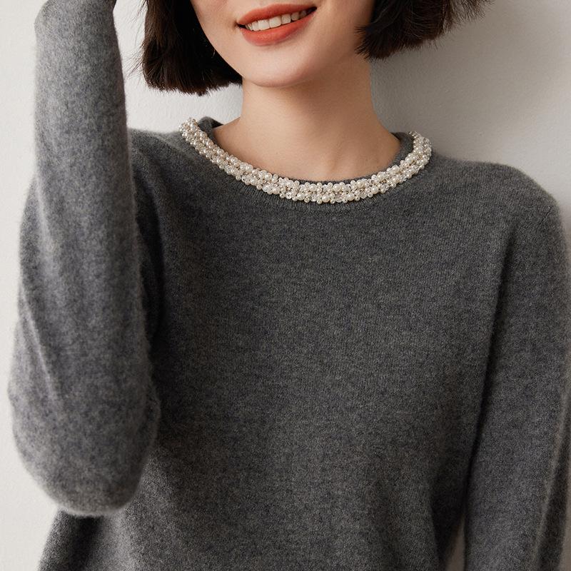 Women's Rhinestone Cashmere Sweater: Round Neck, Loose Fit, Flat Knit, Stylish Autumn/Winter Pullover