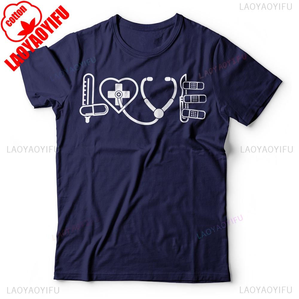 Nurse Doctor Medical LOVE Sign Student T-shirt Stethoscope Pattern Unisex T Shirt Men Women Fashion Crewneck Cotton Tee Tops