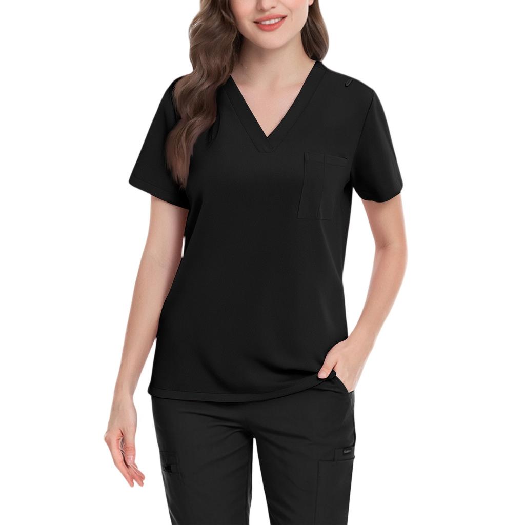 Ladies' Lightweight Solid Color V-neck Pocket Side Slit Short Sleeved Shirt