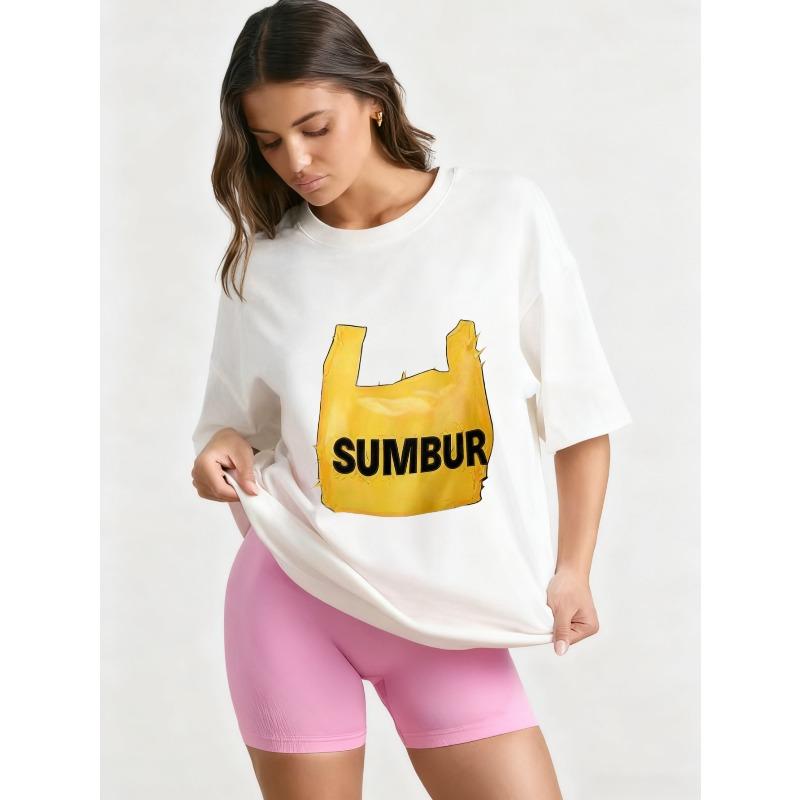 Oversized T Shirt Black Yellow Plastic Bag Print SUMBUR Text Casual Streetwear Fashion Top for Women Summer Outfit