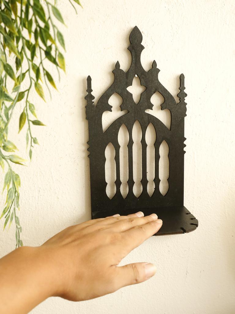 Black Gothic Wooden Shelf Hollow Vintage Fence Shape Wall Hanging Decor Floating Shelves Wall Decor Crystal Holder Room Decor