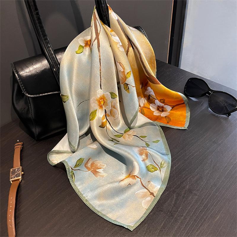 New 100% Real Silk Satin Women Scarf  Flower Printed Foulard Femme Square Head Scarfs Bandana Shawl For Lady Hijab