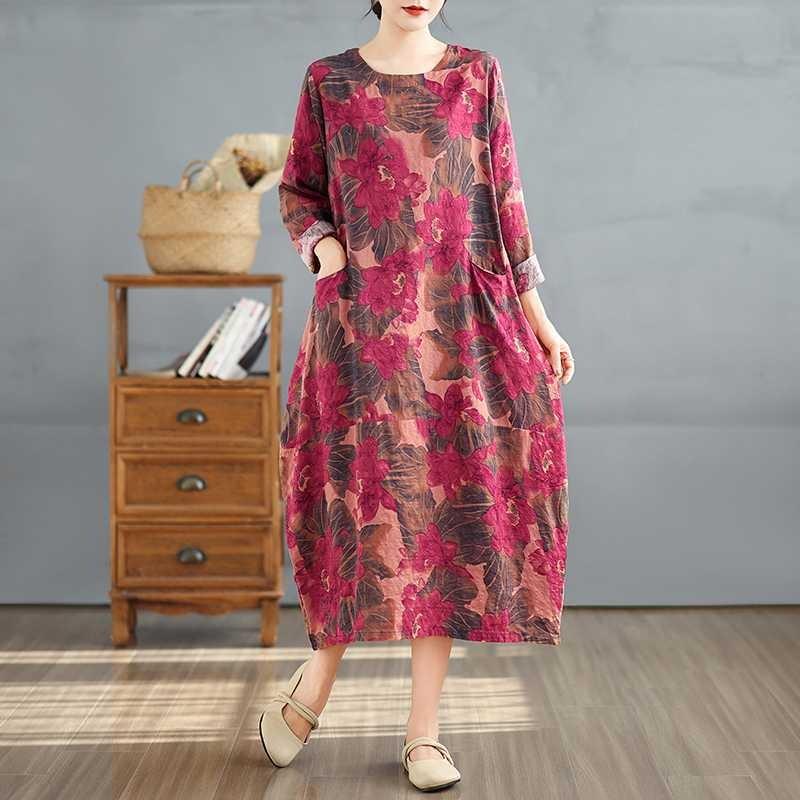 Round Neck Long Sleeve Loose Plus Size Long Dresses