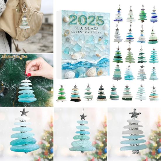 Yousheng Sea Glass Christmas Tree Advent Calendar 2025 24 Days Holiday Countdown with Mini Sea Glass Ornaments Ocean-Themed Christmas Tree Decor