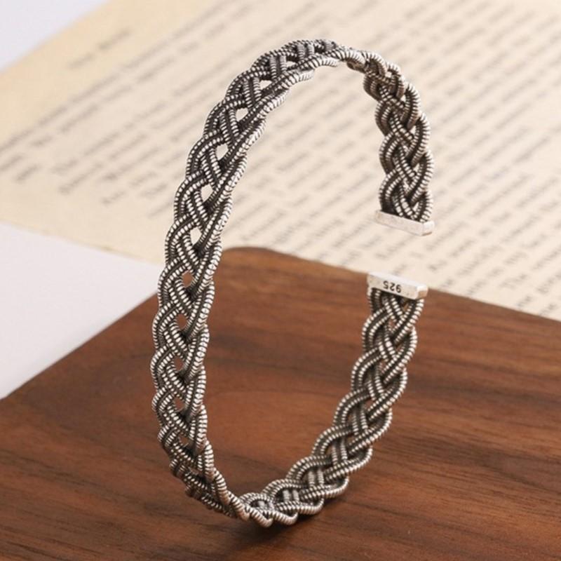 

PANJBJ 925 Sterling Silver Weave Bangle for Women Hollow Out Retro Punk Ins Fashion Trend Jewelry Gift Dropshipping