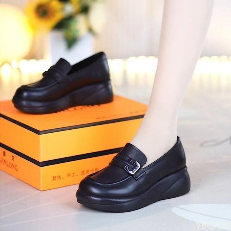 Women'S Single Shoe Retro Leather New Thick Soled British Loafers Round Toe Comfortable Sloping Shoes  De Mujer Platform