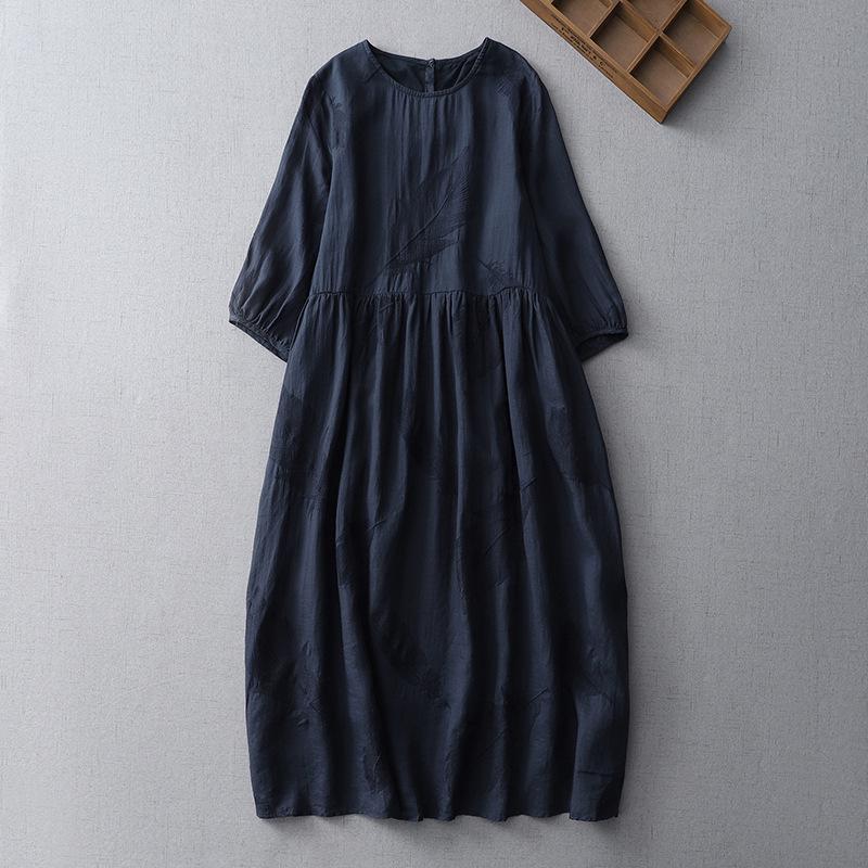 Summer Ramie Feather Embroidered Dress with Elegant Five-Point Sleeves - A-Line Linen Long Dress M