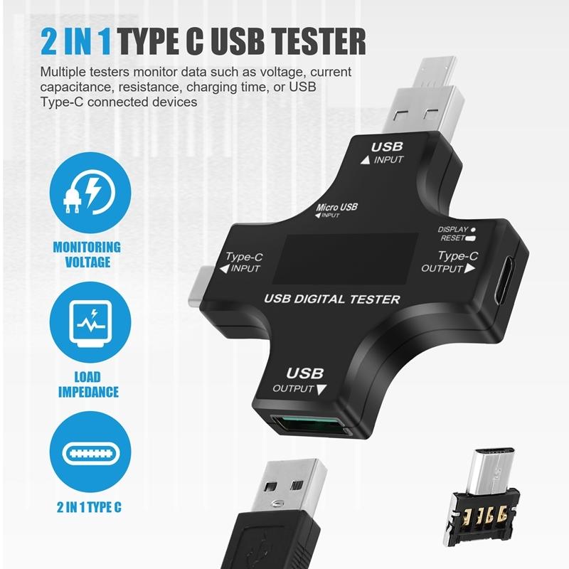 USB C Tester,2 In 1 Type C USB Tester Color Screen IPS Digital Multimeter,Voltage,Current,Power,Resistance,Temperature,with Clip